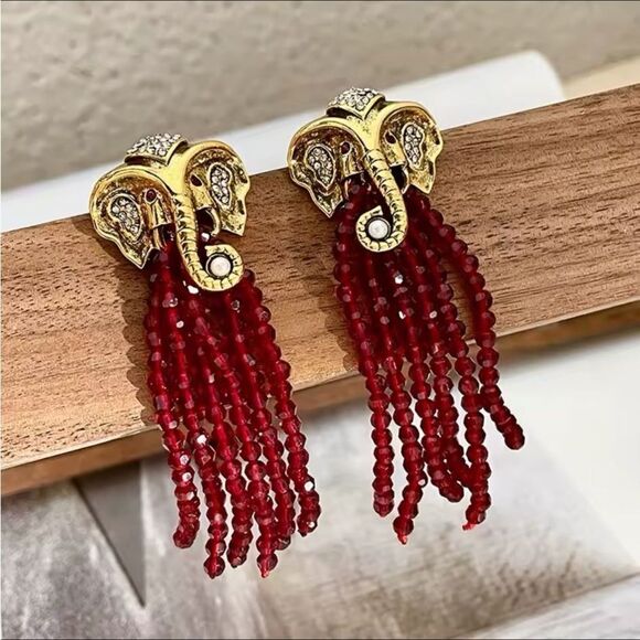 Golden Elephant Tassel Earrings - Picture 1 of 5